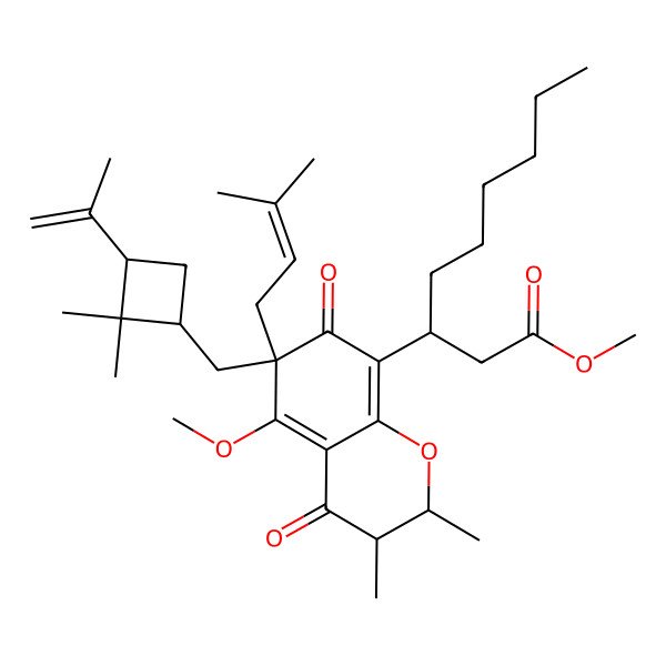 2D Structure of methyl 3-[(2R,3R)-6-[(2,2-dimethyl-3-prop-1-en-2-ylcyclobutyl)methyl]-5-methoxy-2,3-dimethyl-6-(3-methylbut-2-enyl)-4,7-dioxo-2,3-dihydrochromen-8-yl]nonanoate