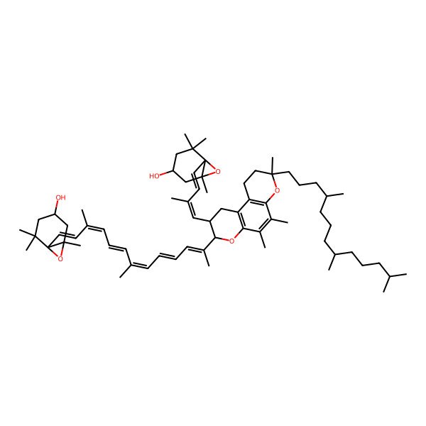 2D Structure of (1R,3S,6S)-6-[(1E,3E,5E,7E,9E,11E)-12-[(3R,8S,9R)-9-[(1Z,3E)-4-[(1S,4S,6R)-4-hydroxy-2,2,6-trimethyl-7-oxabicyclo[4.1.0]heptan-1-yl]-2-methylbuta-1,3-dienyl]-3,5,6-trimethyl-3-[(4S,8S)-4,8,12-trimethyltridecyl]-2,8,9,10-tetrahydro-1H-pyrano[3,2-f]chromen-8-yl]-3,7-dimethyltrideca-1,3,5,7,9,11-hexaenyl]-1,5,5-trimethyl-7-oxabicyclo[4.1.0]heptan-3-ol