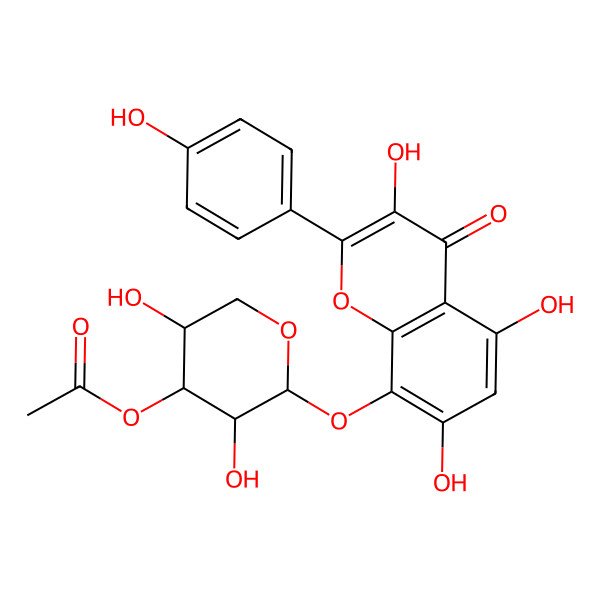2D Structure of [(2S,3S,4S,5S)-3,5-dihydroxy-2-[3,5,7-trihydroxy-2-(4-hydroxyphenyl)-4-oxochromen-8-yl]oxyoxan-4-yl] acetate
