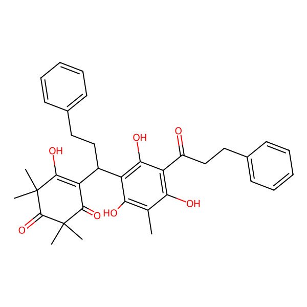 2D Structure of 5-hydroxy-2,2,6,6-tetramethyl-4-[(1R)-3-phenyl-1-[2,4,6-trihydroxy-3-methyl-5-(3-phenylpropanoyl)phenyl]propyl]cyclohex-4-ene-1,3-dione