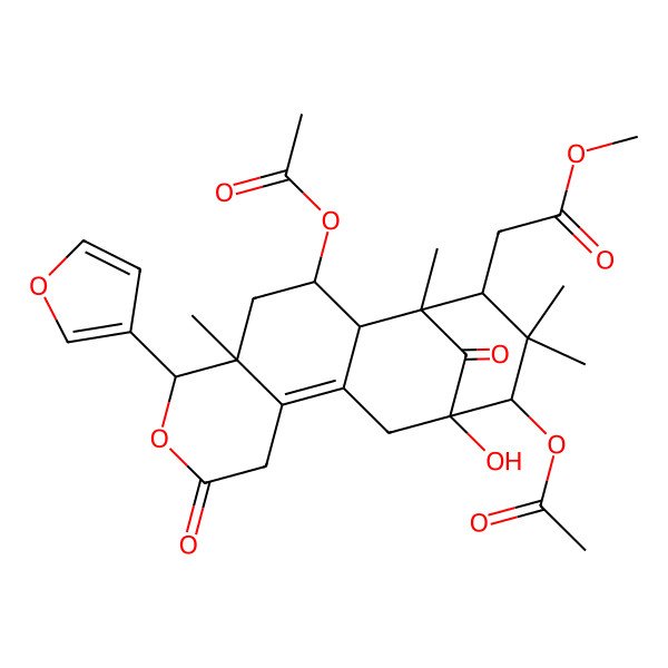 2D Structure of Methyl 2-[3,14-diacetyloxy-6-(furan-3-yl)-13-hydroxy-1,5,15,15-tetramethyl-8,17-dioxo-7-oxatetracyclo[11.3.1.02,11.05,10]heptadec-10-en-16-yl]acetate