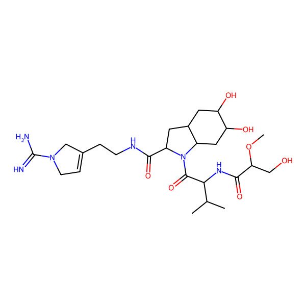 2D Structure of (2S,3aR,5S,6S,7aS)-N-[2-(1-carbamimidoyl-2,5-dihydropyrrol-3-yl)ethyl]-5,6-dihydroxy-1-[(2S)-2-[[(2R)-3-hydroxy-2-methoxypropanoyl]amino]-3-methylbutanoyl]-2,3,3a,4,5,6,7,7a-octahydroindole-2-carboxamide