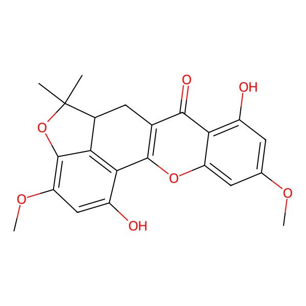 2D Structure of 8,19-Dihydroxy-6,17-dimethoxy-14,14-dimethyl-3,15-dioxapentacyclo[11.6.1.02,11.04,9.016,20]icosa-1(20),2(11),4,6,8,16,18-heptaen-10-one