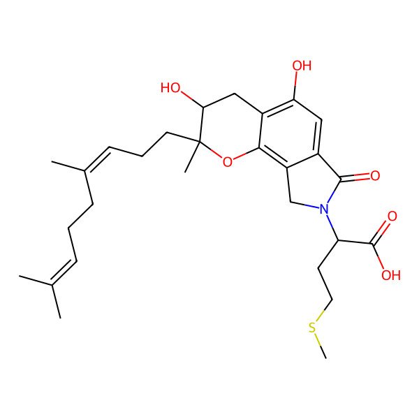2D Structure of (2S)-2-[(2S,3S)-2-(4,8-dimethylnona-3,7-dienyl)-3,5-dihydroxy-2-methyl-7-oxo-4,9-dihydro-3H-pyrano[2,3-e]isoindol-8-yl]-4-methylsulfanylbutanoic acid