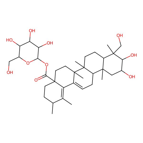 2D Structure of [(2S,3R,4S,5S,6R)-3,4,5-trihydroxy-6-(hydroxymethyl)oxan-2-yl] (2R,4aS,6aR,6aS,6bR,8aR,9R,10S,11R,12aR)-10,11-dihydroxy-9-(hydroxymethyl)-1,2,6a,6b,9,12a-hexamethyl-3,4,5,6,6a,7,8,8a,10,11,12,13-dodecahydro-2H-picene-4a-carboxylate