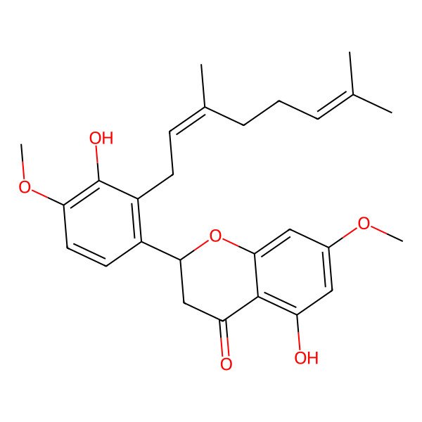 2D Structure of 2-[2-(3,7-Dimethylocta-2,6-dienyl)-3-hydroxy-4-methoxyphenyl]-5-hydroxy-7-methoxy-2,3-dihydrochromen-4-one