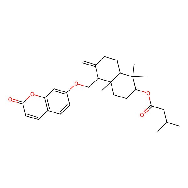 2D Structure of [(2R,4aR,5R,8aS)-1,1,4a-trimethyl-6-methylidene-5-[(2-oxochromen-7-yl)oxymethyl]-3,4,5,7,8,8a-hexahydro-2H-naphthalen-2-yl] 3-methylbutanoate
