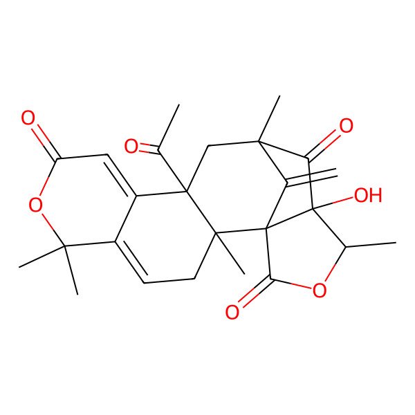 2D Structure of 11-Acetyl-15-hydroxy-2,6,6,13,16-pentamethyl-19-methylidene-7,17-dioxapentacyclo[11.5.1.01,15.02,11.05,10]nonadeca-4,9-diene-8,14,18-trione