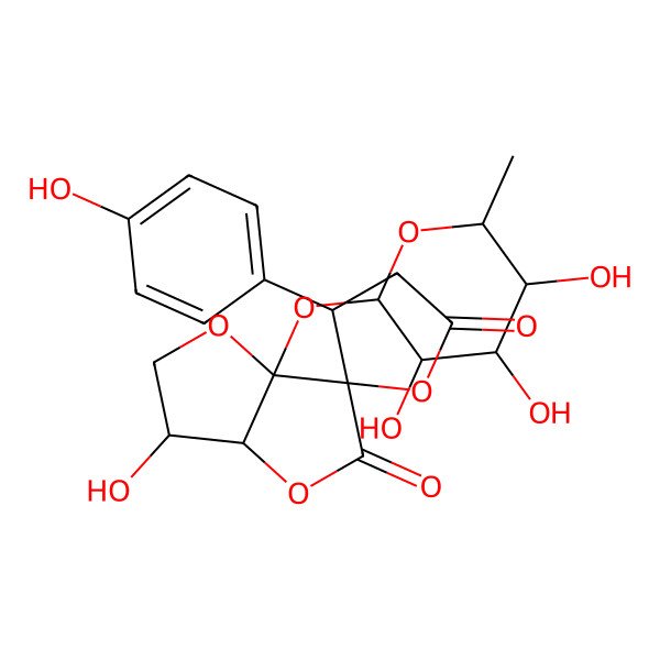 2D Structure of 3-hydroxy-4'-(4-hydroxyphenyl)-6a-(3,4,5-trihydroxy-6-methyloxan-2-yl)oxyspiro[3,3a-dihydro-2H-furo[3,2-b]furan-6,5'-oxolane]-2',5-dione