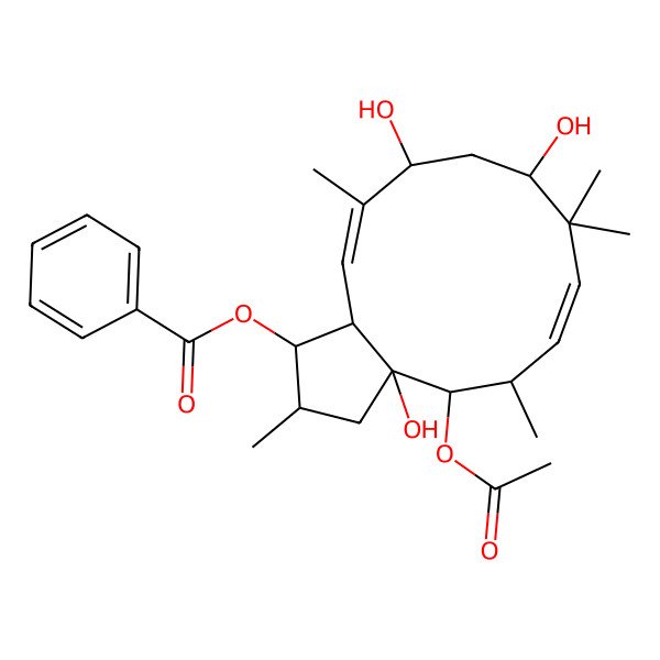 2D Structure of [(1S,2S,3aR,4S,5S,6E,9R,11R,12E,13aS)-4-acetyloxy-3a,9,11-trihydroxy-2,5,8,8,12-pentamethyl-2,3,4,5,9,10,11,13a-octahydro-1H-cyclopenta[12]annulen-1-yl] benzoate