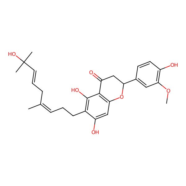 2D Structure of 5,7-Dihydroxy-6-(8-hydroxy-4,8-dimethylnona-3,6-dienyl)-2-(4-hydroxy-3-methoxyphenyl)-2,3-dihydrochromen-4-one