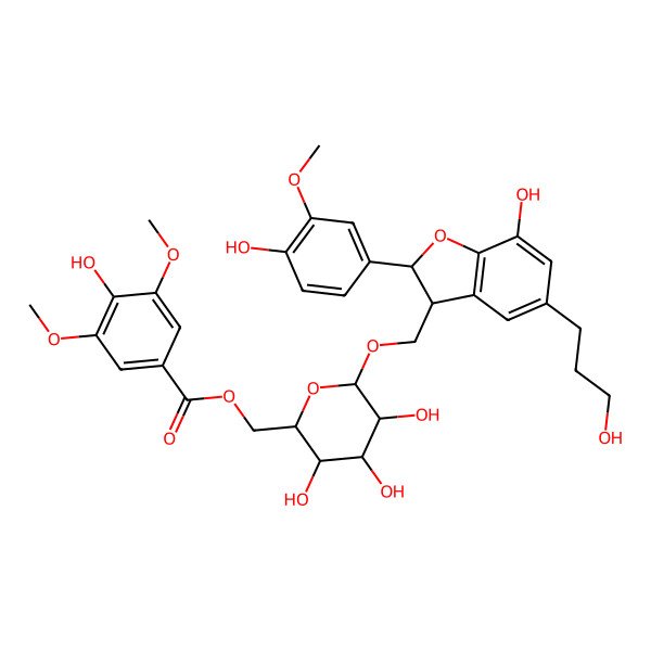 2D Structure of [3,4,5-Trihydroxy-6-[[7-hydroxy-2-(4-hydroxy-3-methoxyphenyl)-5-(3-hydroxypropyl)-2,3-dihydro-1-benzofuran-3-yl]methoxy]oxan-2-yl]methyl 4-hydroxy-3,5-dimethoxybenzoate