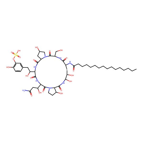 2D Structure of [5-[(2R)-2-[(3S,6R,9R,11S,15S,18S,20R,21R,24R,25R)-3-[(1R)-3-amino-1-hydroxy-3-oxopropyl]-18-(hexadecanoylamino)-11,20,21,25-tetrahydroxy-15-(hydroxymethyl)-2,5,8,14,17,23-hexaoxo-1,4,7,13,16,22-hexazatricyclo[22.3.0.09,13]heptacosan-6-yl]-2-hydroxyethyl]-2-hydroxyphenyl] hydrogen sulfate