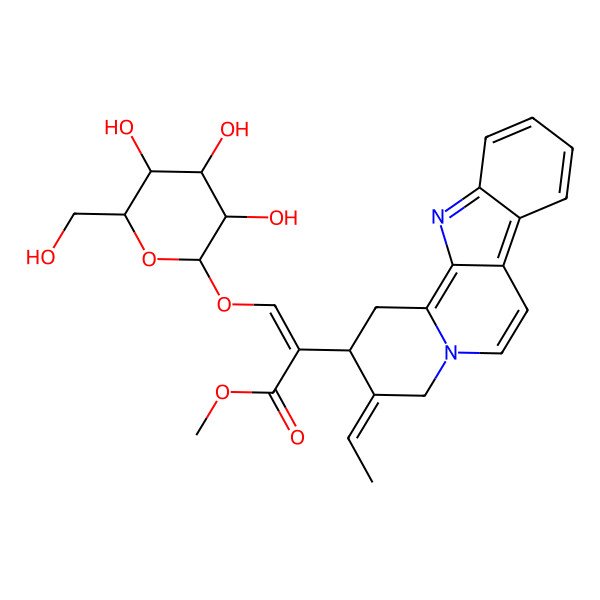 2D Structure of methyl (E)-2-[(2S,3E)-3-ethylidene-2,4-dihydro-1H-indolo[2,3-a]quinolizin-2-yl]-3-[(2R,3R,4S,5S,6R)-3,4,5-trihydroxy-6-(hydroxymethyl)oxan-2-yl]oxyprop-2-enoate