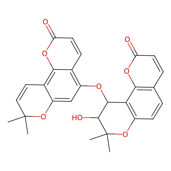 2D Structure of 2H,8H-Benzo[1,2-b:3,4-ba(2)]dipyran-2-one, 10-[(8,8-dimethyl-2-oxo-2H,8H-benzo[1,2-b:3,4-ba(2)]dipyran-5-yl)oxy]-9,10-dihydro-9-hydroxy-8,8-dimethyl-, cis-(+)-