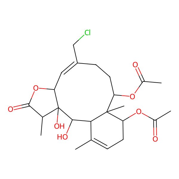 2D Structure of [(1S,2R,3R,4R,7S,8E,12R,13S,14S)-14-acetyloxy-9-(chloromethyl)-2,3-dihydroxy-4,13,17-trimethyl-5-oxo-6-oxatricyclo[11.4.0.03,7]heptadeca-8,16-dien-12-yl] acetate