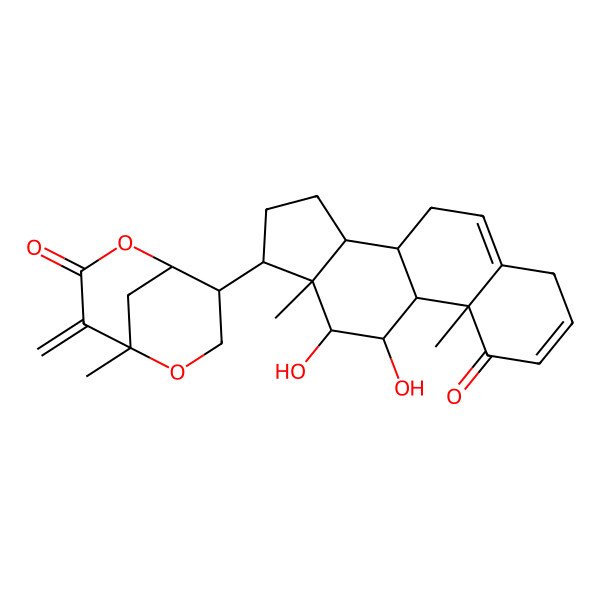 2D Structure of (1R,5R,8R)-8-[(8S,9S,10R,11S,12S,13S,14S,17R)-11,12-dihydroxy-10,13-dimethyl-1-oxo-4,7,8,9,11,12,14,15,16,17-decahydrocyclopenta[a]phenanthren-17-yl]-5-methyl-4-methylidene-2,6-dioxabicyclo[3.3.1]nonan-3-one