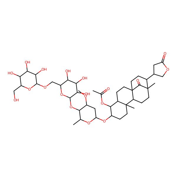 2D Structure of [(1S,4R,5R,6S,9R,10R,13R,14R)-6-[(2S,4R,5R,6S)-4-methoxy-6-methyl-5-[(2S,3R,4S,5S,6R)-3,4,5-trihydroxy-6-[[(2R,3R,4S,5S,6R)-3,4,5-trihydroxy-6-(hydroxymethyl)oxan-2-yl]oxymethyl]oxan-2-yl]oxyoxan-2-yl]oxy-9,13-dimethyl-17-oxo-14-[(3R)-5-oxooxolan-3-yl]-5-tetracyclo[11.3.1.01,10.04,9]heptadecanyl] acetate