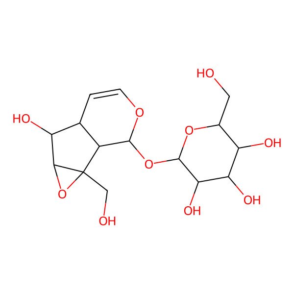 2D Structure of (2R)-2-[[(1R,2S,6S)-5-hydroxy-2-(hydroxymethyl)-3,9-dioxatricyclo[4.4.0.02,4]dec-7-en-10-yl]oxy]-6-(hydroxymethyl)oxane-3,4,5-triol