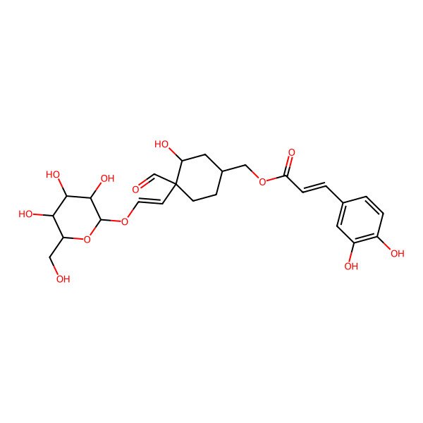 2D Structure of [(1S,3S,4S)-4-formyl-3-hydroxy-4-[2-[(2R,3R,4S,5S,6R)-3,4,5-trihydroxy-6-(hydroxymethyl)oxan-2-yl]oxyethenyl]cyclohexyl]methyl (E)-3-(3,4-dihydroxyphenyl)prop-2-enoate