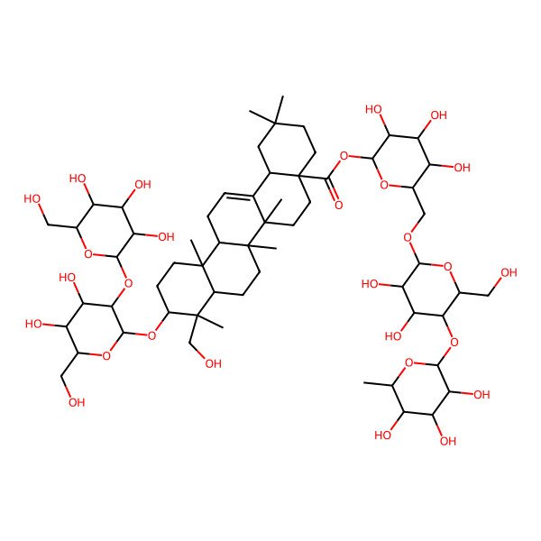 2D Structure of [(2S,3R,4S,5S,6R)-6-[[(2R,3R,4R,5S,6R)-3,4-dihydroxy-6-(hydroxymethyl)-5-[(2S,3R,4R,5R,6S)-3,4,5-trihydroxy-6-methyloxan-2-yl]oxyoxan-2-yl]oxymethyl]-3,4,5-trihydroxyoxan-2-yl] (4aS,6aR,6aS,6bR,8aR,9R,10S,12aR,14bS)-10-[(2R,3R,4S,5S,6R)-4,5-dihydroxy-6-(hydroxymethyl)-3-[(2S,3R,4S,5S,6R)-3,4,5-trihydroxy-6-(hydroxymethyl)oxan-2-yl]oxyoxan-2-yl]oxy-9-(hydroxymethyl)-2,2,6a,6b,9,12a-hexamethyl-1,3,4,5,6,6a,7,8,8a,10,11,12,13,14b-tetradecahydropicene-4a-carboxylate