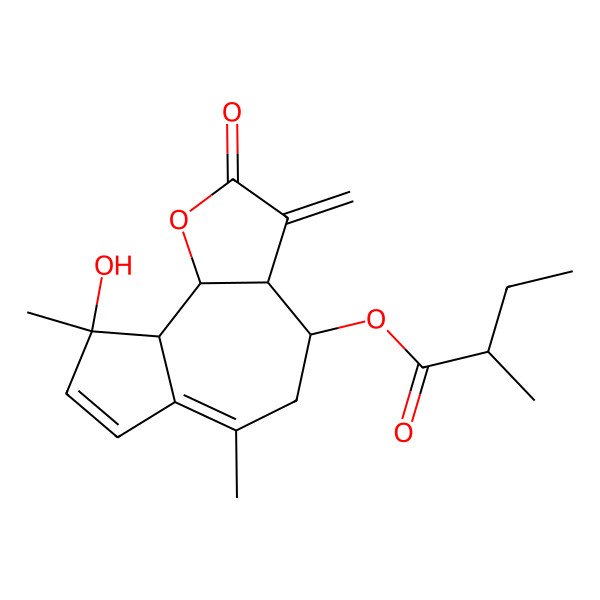 2D Structure of [(3aR,4S,9R,9aS,9bS)-9-hydroxy-6,9-dimethyl-3-methylidene-2-oxo-4,5,9a,9b-tetrahydro-3aH-azuleno[4,5-b]furan-4-yl] (2R)-2-methylbutanoate