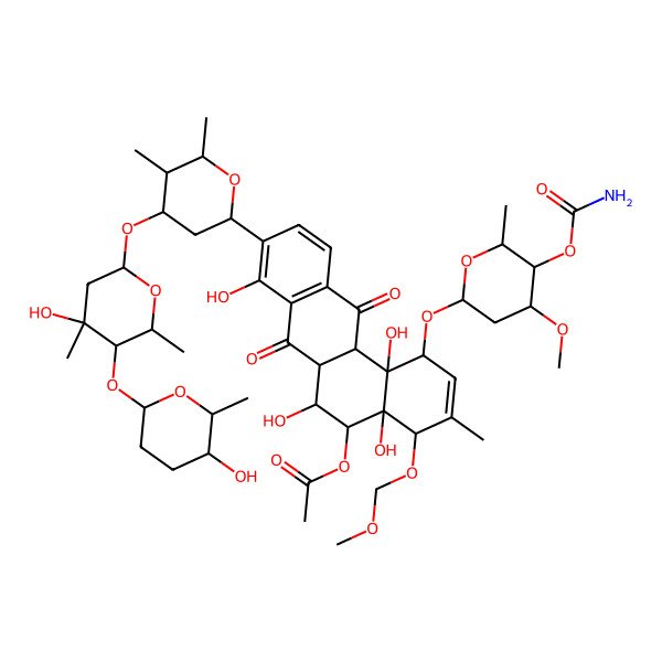 2D Structure of [(1S,4R,4aS,5S,6S,12bS)-1-(5-carbamoyloxy-4-methoxy-6-methyloxan-2-yl)oxy-4a,6,8,12b-tetrahydroxy-9-[4-[4-hydroxy-5-(5-hydroxy-6-methyloxan-2-yl)oxy-4,6-dimethyloxan-2-yl]oxy-5,6-dimethyloxan-2-yl]-4-(methoxymethoxy)-3-methyl-7,12-dioxo-1,4,5,6,6a,12a-hexahydrobenzo[a]anthracen-5-yl] acetate