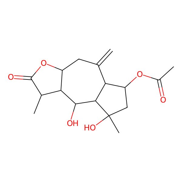 2D Structure of (8,9-dihydroxy-1,8-dimethyl-5-methylidene-2-oxo-3a,4,5a,6,7,8a,9,9a-octahydro-1H-azuleno[6,5-b]furan-6-yl) acetate