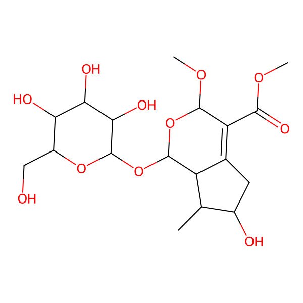 2D Structure of methyl (1S,3S,6S,7S,7aR)-6-hydroxy-3-methoxy-7-methyl-1-[(2S,3R,4S,5S,6R)-3,4,5-trihydroxy-6-(hydroxymethyl)oxan-2-yl]oxy-1,3,5,6,7,7a-hexahydrocyclopenta[c]pyran-4-carboxylate