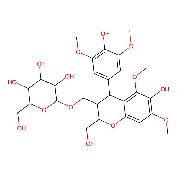 2D Structure of (2R,3R,4S,5S,6R)-2-[[(2R,3S,4S)-6-hydroxy-4-(4-hydroxy-3,5-dimethoxyphenyl)-2-(hydroxymethyl)-5,7-dimethoxy-3,4-dihydro-2H-chromen-3-yl]methoxy]-6-(hydroxymethyl)oxane-3,4,5-triol