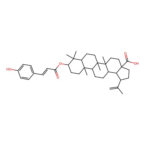 2D Structure of (1R,3aS,5aR,5bR,7aR,9R,11aR,11bR,13aR,13bR)-9-[(E)-3-(4-hydroxyphenyl)prop-2-enoyl]oxy-5a,5b,8,8,11a-pentamethyl-1-prop-1-en-2-yl-1,2,3,4,5,6,7,7a,9,10,11,11b,12,13,13a,13b-hexadecahydrocyclopenta[a]chrysene-3a-carboxylic acid