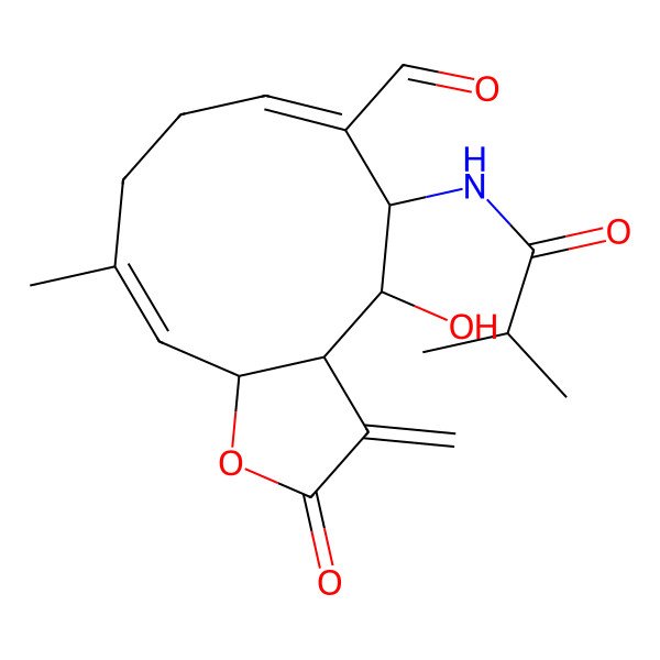 2D Structure of N-[(3aR,4S,5S,11aR)-6-formyl-4-hydroxy-10-methyl-3-methylidene-2-oxo-3a,4,5,8,9,11a-hexahydrocyclodeca[b]furan-5-yl]-2-methylpropanamide