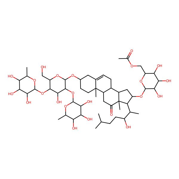 2D Structure of [3,4,5-Trihydroxy-6-[[3-[4-hydroxy-6-(hydroxymethyl)-3,5-bis[(3,4,5-trihydroxy-6-methyloxan-2-yl)oxy]oxan-2-yl]oxy-17-(3-hydroxy-6-methylheptan-2-yl)-10,13-dimethyl-12-oxo-1,2,3,4,7,8,9,11,14,15,16,17-dodecahydrocyclopenta[a]phenanthren-16-yl]oxy]oxan-2-yl]methyl acetate