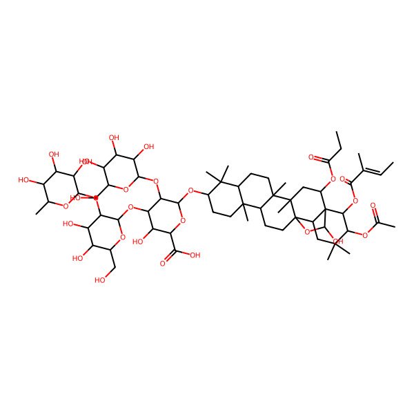 2D Structure of (2S,3S,4S,5R,6R)-6-[[(1R,2R,4S,5R,8R,10S,13R,14R,17S,18R,21R,22R,23S)-21-acetyloxy-23-hydroxy-4,5,9,9,13,20,20-heptamethyl-22-[(Z)-2-methylbut-2-enoyl]oxy-2-propanoyloxy-24-oxahexacyclo[15.5.2.01,18.04,17.05,14.08,13]tetracosan-10-yl]oxy]-4-[(2S,3R,4S,5R,6R)-4,5-dihydroxy-6-(hydroxymethyl)-3-[(2S,3R,4R,5R,6S)-3,4,5-trihydroxy-6-methyloxan-2-yl]oxyoxan-2-yl]oxy-3-hydroxy-5-[(2S,3R,4S,5R,6R)-3,4,5-trihydroxy-6-(hydroxymethyl)oxan-2-yl]oxyoxane-2-carboxylic acid