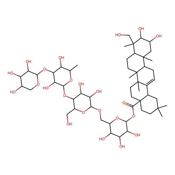 2D Structure of [6-[[5-[3,5-Dihydroxy-6-methyl-4-(3,4,5-trihydroxyoxan-2-yl)oxyoxan-2-yl]oxy-3,4-dihydroxy-6-(hydroxymethyl)oxan-2-yl]oxymethyl]-3,4,5-trihydroxyoxan-2-yl] 10,11-dihydroxy-9-(hydroxymethyl)-2,2,6a,6b,9,12a-hexamethyl-1,3,4,5,6,6a,7,8,8a,10,11,12,13,14b-tetradecahydropicene-4a-carboxylate