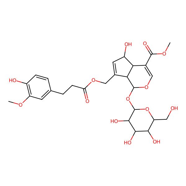 2D Structure of Methyl 5-hydroxy-7-[3-(4-hydroxy-3-methoxyphenyl)propanoyloxymethyl]-1-[3,4,5-trihydroxy-6-(hydroxymethyl)oxan-2-yl]oxy-1,4a,5,7a-tetrahydrocyclopenta[c]pyran-4-carboxylate