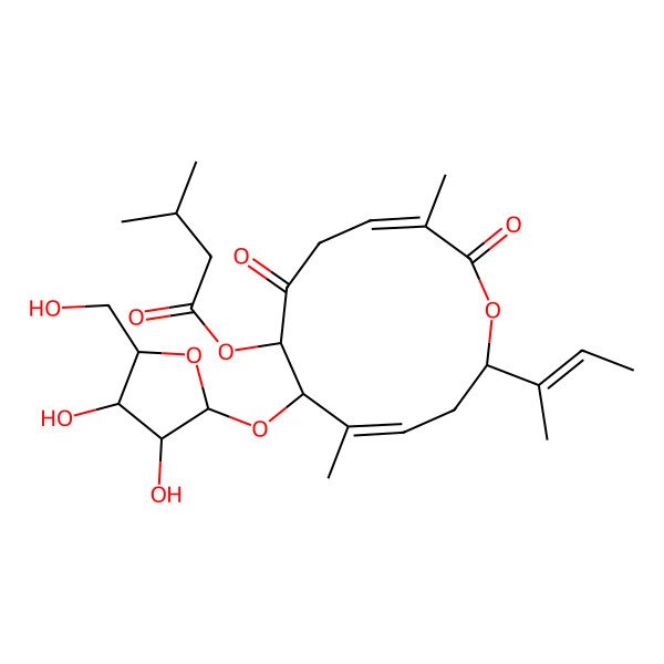 2D Structure of [12-But-2-en-2-yl-8-[3,4-dihydroxy-5-(hydroxymethyl)oxolan-2-yl]oxy-3,9-dimethyl-2,6-dioxo-1-oxacyclododeca-3,9-dien-7-yl] 3-methylbutanoate