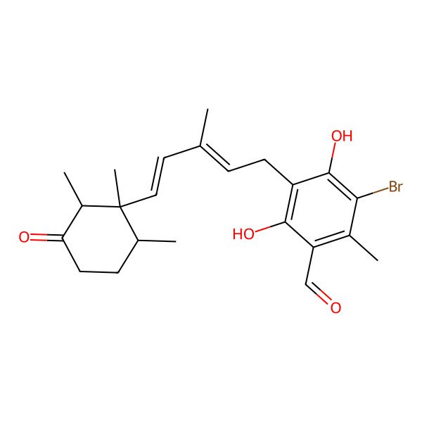 2D Structure of 5-bromo-2,4-dihydroxy-6-methyl-3-[(2E,4E)-3-methyl-5-[(1S,2S,6S)-1,2,6-trimethyl-3-oxocyclohexyl]penta-2,4-dienyl]benzaldehyde