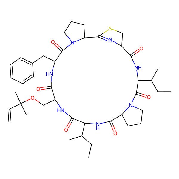 2D Structure of 8-Benzyl-14,23-di(butan-2-yl)-11-(2-methylbut-3-en-2-yloxymethyl)-28-thia-6,9,12,15,21,24,29-heptazatetracyclo[24.2.1.02,6.017,21]nonacos-1(29)-ene-7,10,13,16,22,25-hexone