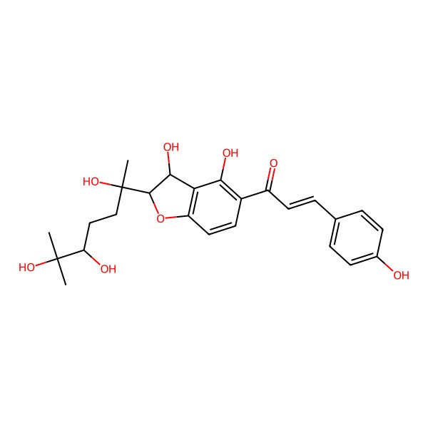 2D Structure of 1-[3,4-Dihydroxy-2-(2,5,6-trihydroxy-6-methylheptan-2-yl)-2,3-dihydro-1-benzofuran-5-yl]-3-(4-hydroxyphenyl)prop-2-en-1-one