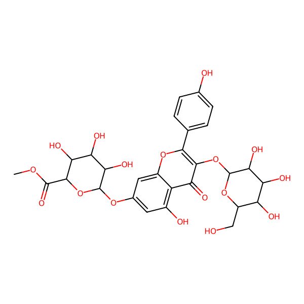 2D Structure of methyl (2S,3S,4S,5R,6S)-3,4,5-trihydroxy-6-[5-hydroxy-2-(4-hydroxyphenyl)-4-oxo-3-[(2R,3S,4R,5R,6S)-3,4,5-trihydroxy-6-(hydroxymethyl)oxan-2-yl]oxychromen-7-yl]oxyoxane-2-carboxylate