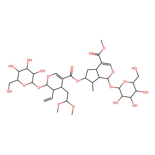 2D Structure of methyl (1S,4aS,6S,7R,7aS)-6-[(2S,3R,4S)-4-(2,2-dimethoxyethyl)-3-ethenyl-2-[(2S,3R,4S,5S,6R)-3,4,5-trihydroxy-6-(hydroxymethyl)oxan-2-yl]oxy-3,4-dihydro-2H-pyran-5-carbonyl]oxy-7-methyl-1-[(2S,3R,4S,5S,6R)-3,4,5-trihydroxy-6-(hydroxymethyl)oxan-2-yl]oxy-1,4a,5,6,7,7a-hexahydrocyclopenta[c]pyran-4-carboxylate
