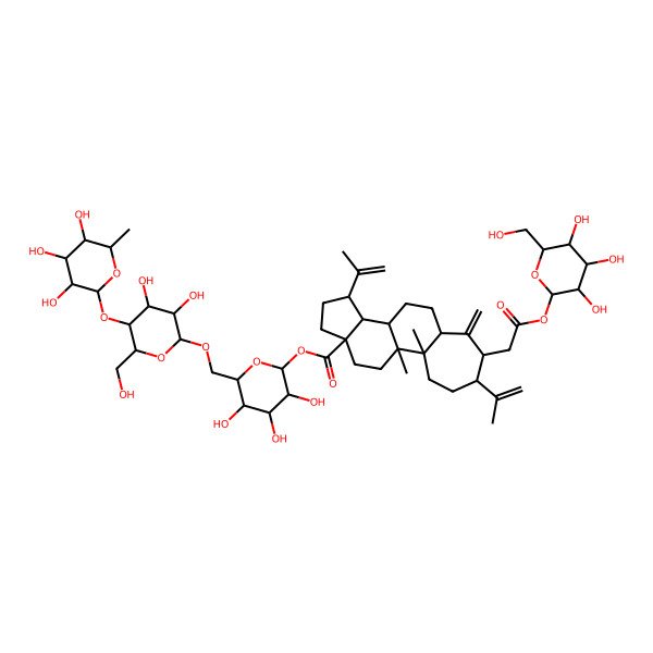 2D Structure of [6-[[3,4-Dihydroxy-6-(hydroxymethyl)-5-(3,4,5-trihydroxy-6-methyloxan-2-yl)oxyoxan-2-yl]oxymethyl]-3,4,5-trihydroxyoxan-2-yl] 1,2-dimethyl-7-methylidene-6-[2-oxo-2-[3,4,5-trihydroxy-6-(hydroxymethyl)oxan-2-yl]oxyethyl]-5,13-bis(prop-1-en-2-yl)tetracyclo[9.7.0.02,8.012,16]octadecane-16-carboxylate