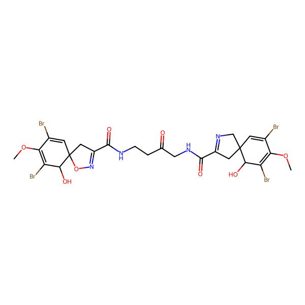 2D Structure of 7,9-dibromo-N-[4-[(7,9-dibromo-10-hydroxy-8-methoxy-2-azaspiro[4.5]deca-2,6,8-triene-3-carbonyl)amino]-3-oxobutyl]-6-hydroxy-8-methoxy-1-oxa-2-azaspiro[4.5]deca-2,7,9-triene-3-carboxamide