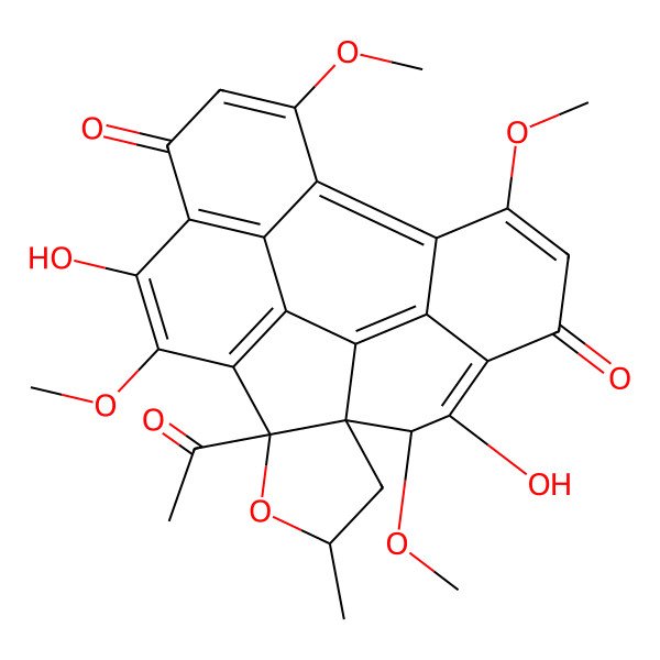 2D Structure of 5-Acetyl-8,23-dihydroxy-7,12,19,24-tetramethoxy-3-methyl-4-oxaheptacyclo[14.8.0.01,5.06,15.09,14.013,18.017,22]tetracosa-6(15),7,9(14),11,13(18),16,19,22-octaene-10,21-dione
