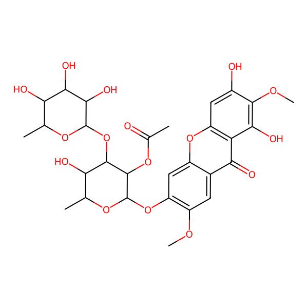 2D Structure of [(2S,3R,4R,5S,6S)-2-(6,8-dihydroxy-2,7-dimethoxy-9-oxoxanthen-3-yl)oxy-5-hydroxy-6-methyl-4-[(2S,3R,4R,5R,6S)-3,4,5-trihydroxy-6-methyloxan-2-yl]oxyoxan-3-yl] acetate