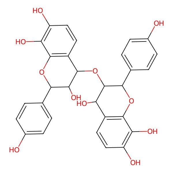 2D Structure of (2R,3R,4S)-2-(4-hydroxyphenyl)-3-[[(2R,3R,4S)-3,7,8-trihydroxy-2-(4-hydroxyphenyl)-3,4-dihydro-2H-chromen-4-yl]oxy]-3,4-dihydro-2H-chromene-4,7,8-triol