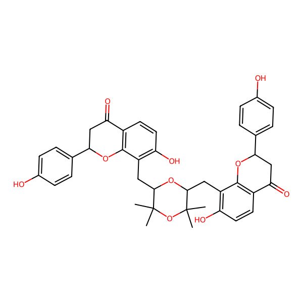 2D Structure of 7-Hydroxy-8-[[6-[[7-hydroxy-2-(4-hydroxyphenyl)-4-oxo-2,3-dihydrochromen-8-yl]methyl]-3,3,5,5-tetramethyl-1,4-dioxan-2-yl]methyl]-2-(4-hydroxyphenyl)-2,3-dihydrochromen-4-one
