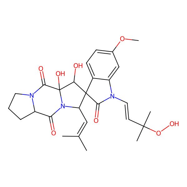 2D Structure of 1'-(3-Hydroperoxy-3-methylbut-1-enyl)-3,4-dihydroxy-6'-methoxy-6-(2-methylprop-1-enyl)spiro[1,7-diazatricyclo[7.3.0.03,7]dodecane-5,3'-indole]-2,2',8-trione