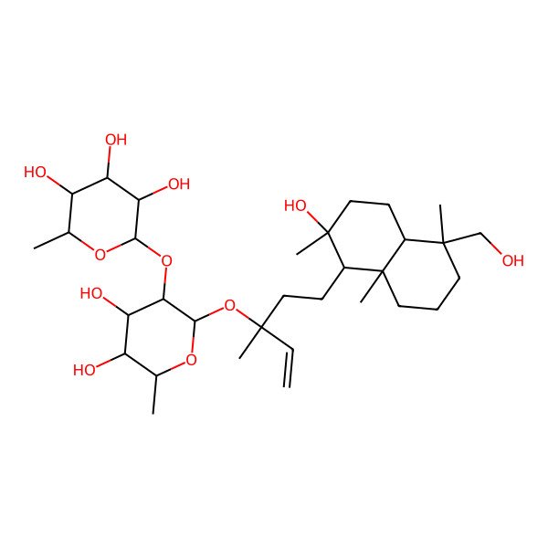 2D Structure of (2S,3R,4S,5S,6R)-2-[(2S,3R,4R,5R,6S)-2-[(3S)-5-[(1S,2R,4aS,5R,8aR)-2-hydroxy-5-(hydroxymethyl)-2,5,8a-trimethyl-3,4,4a,6,7,8-hexahydro-1H-naphthalen-1-yl]-3-methylpent-1-en-3-yl]oxy-4,5-dihydroxy-6-methyloxan-3-yl]oxy-6-methyloxane-3,4,5-triol